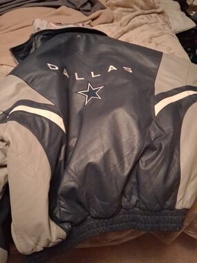 Pro Player Dallas Navy and Gray Leather Varsity Jacket